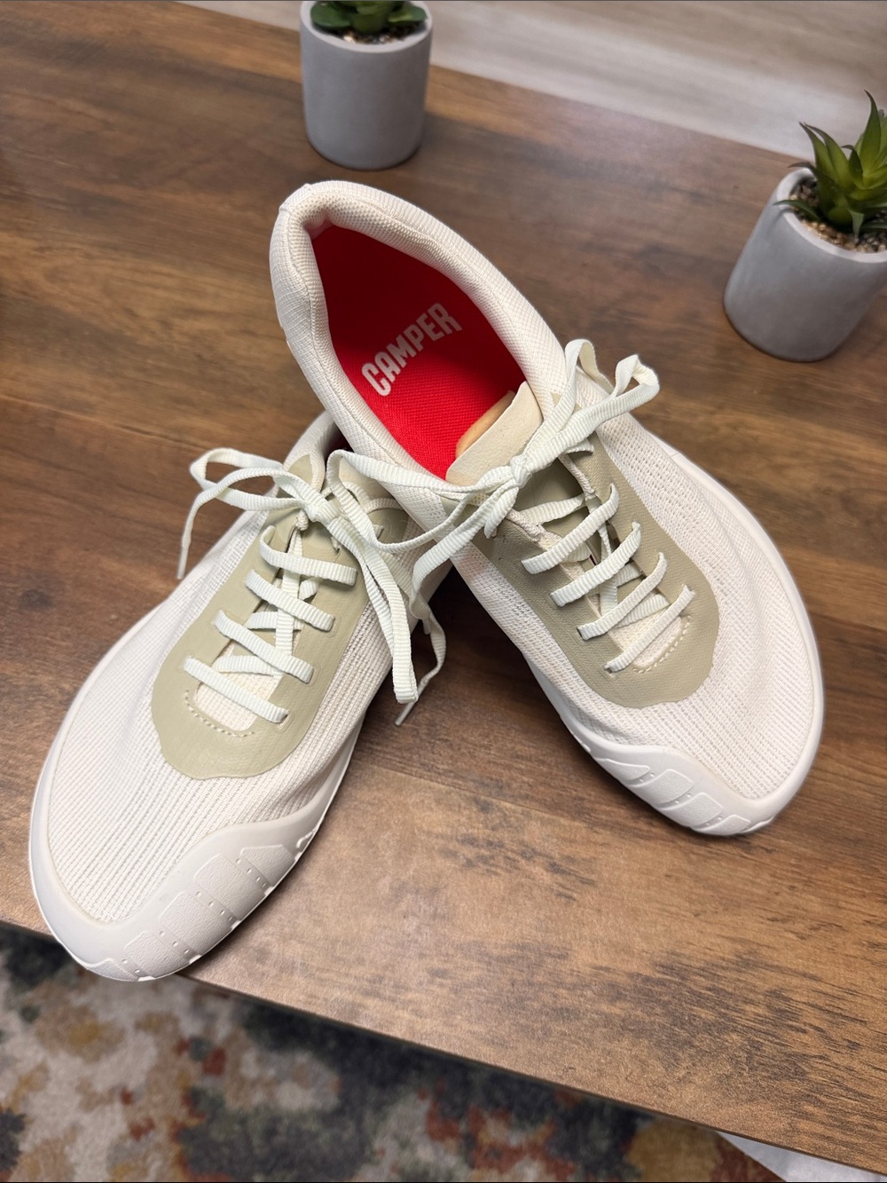 Camper Women's/men’s Off-White Knit Lace-Up Sneakers with Beige Accents
